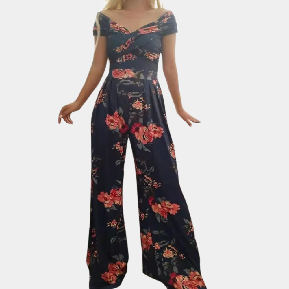 Dámský jumpsuit s květinovým vzorem a off-shoulder designem
