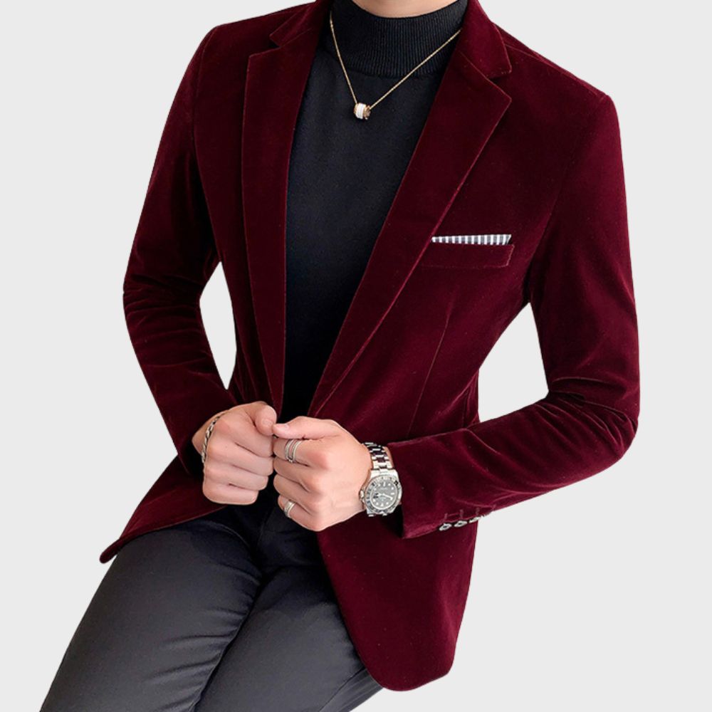 Pánský blazer s elegantním střihem a sametovým vzhledem